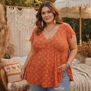 Penningtons Coral Floral V-Neck Babydoll Blouse Stretchy Flowy Plus Size Boho